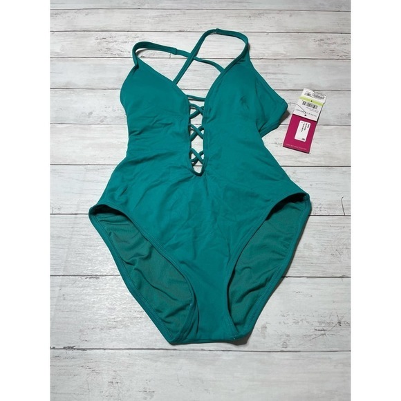 VINCE CAMUTO women’s v neck Swimsuit open back green blue 4 coastal core boho - Picture 4 of 8